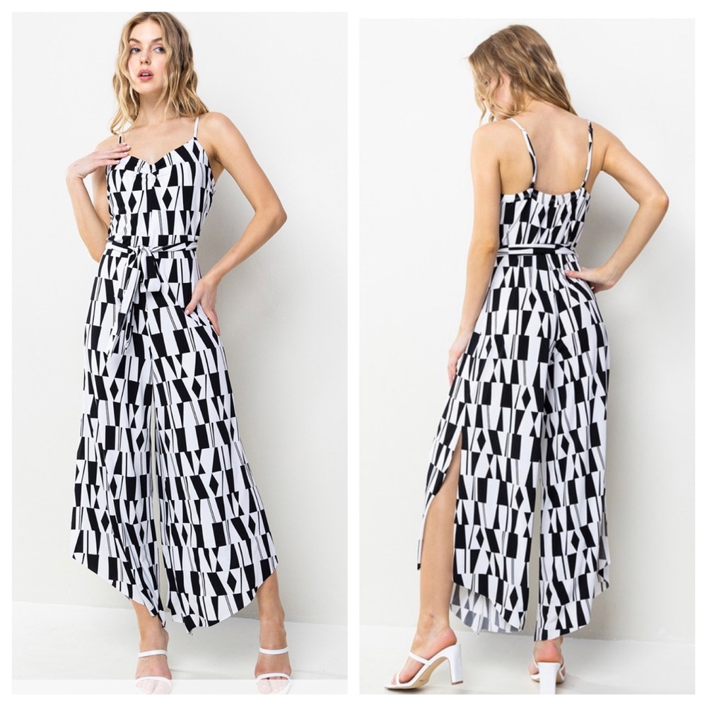 29 Boho Stretch Geometric Self Tie Waist Jumpsuit - Picture 2 of 4